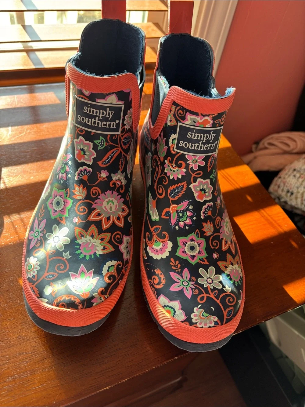 Simply Southern Black Floral Rain Boots with Coral Trim